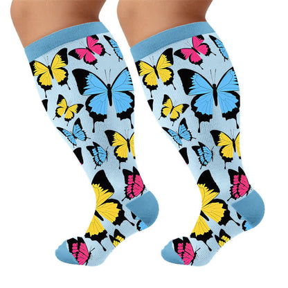 Plus Size Multicolor Butterfly Compression Socks - Blue(1 Pair) - 4XL - image 5