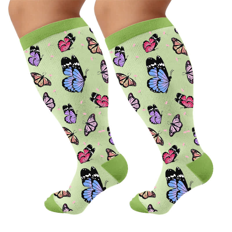Plus Size Multicolor Butterfly Compression Socks - Green(1 Pair) - 4XL - image 6