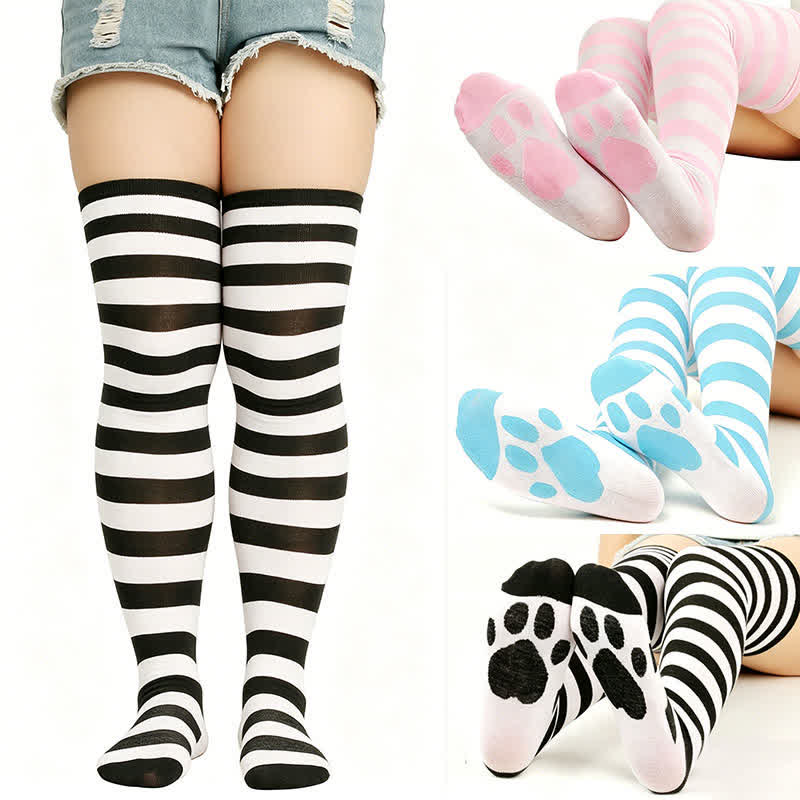 Striped Cat Paw Thigh High Socks(3 Pairs) - image 0