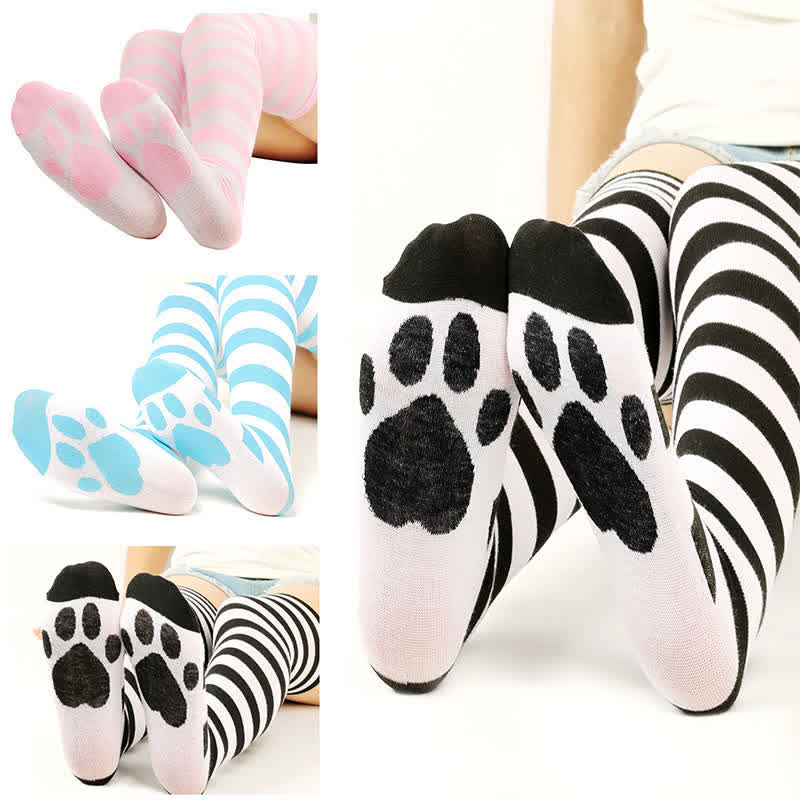 Striped Cat Paw Thigh High Socks(3 Pairs) - image 1