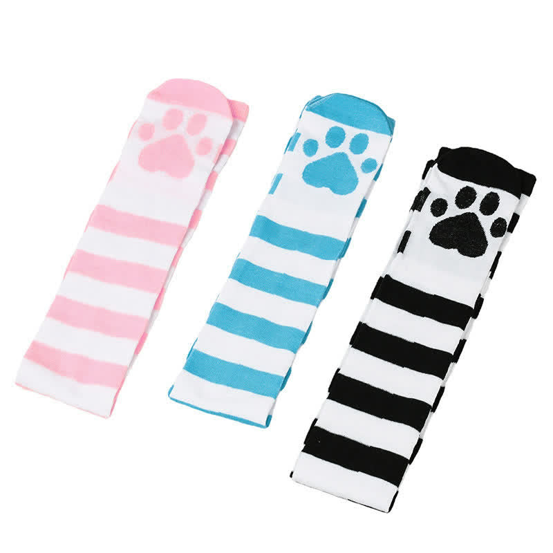 Striped Cat Paw Thigh High Socks(3 Pairs) - Multicolor - One Size - image 6