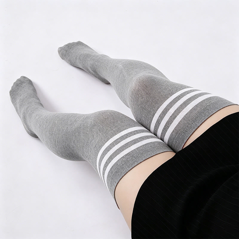Three Bar Stripes Thigh High Socks(2 Pairs) - Grey - One Size - image 1