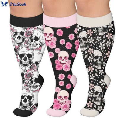 Plus Size Gothic Rose Skull Compression Socks - image 0