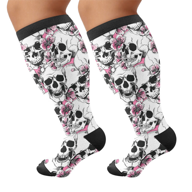 Plus Size Gothic Rose Skull Compression Socks - White(1 Pair) - 4XL - image 7