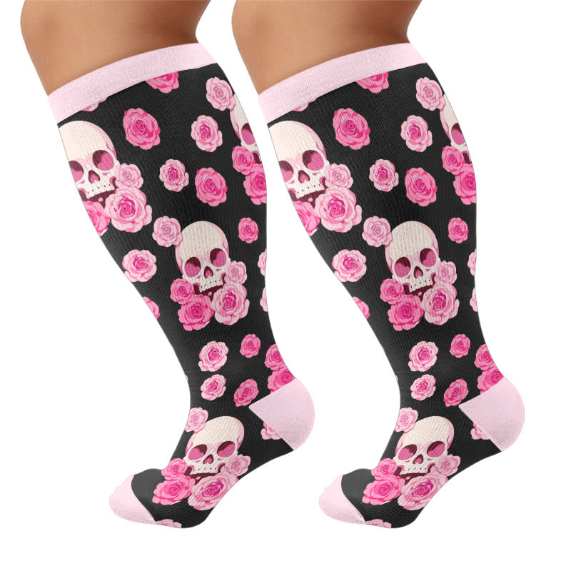 Plus Size Gothic Rose Skull Compression Socks - Pink(1 Pair) - 4XL - image 5
