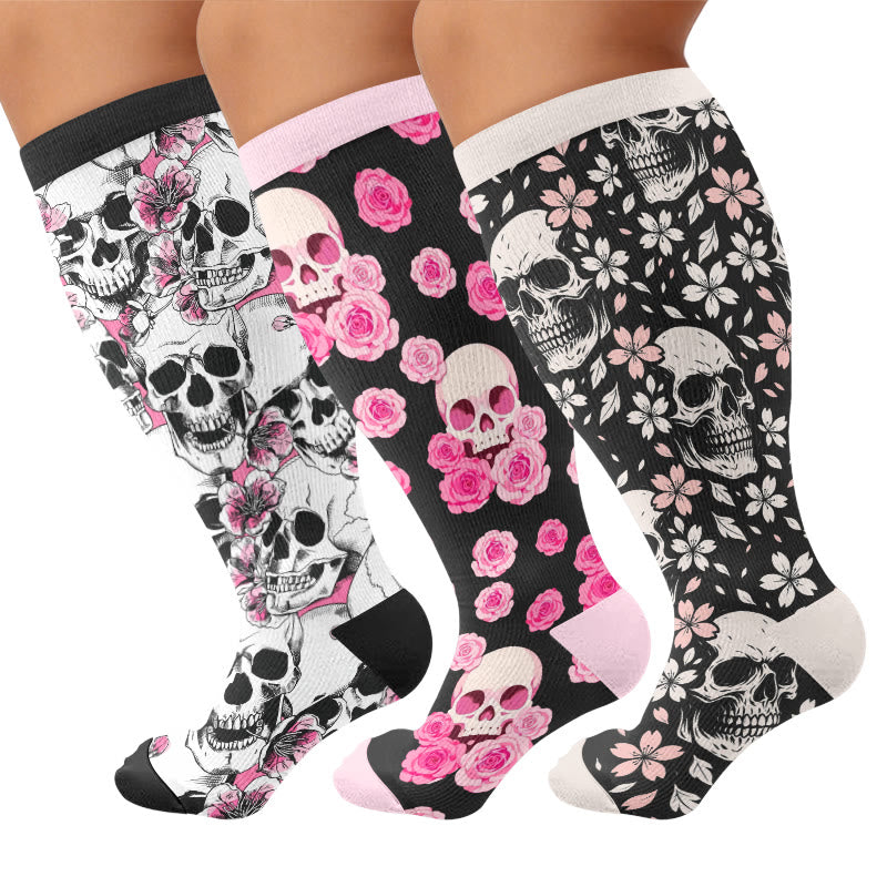 Plus Size Gothic Rose Skull Compression Socks - Multicolor(3 Pairs) - 4XL - image 1