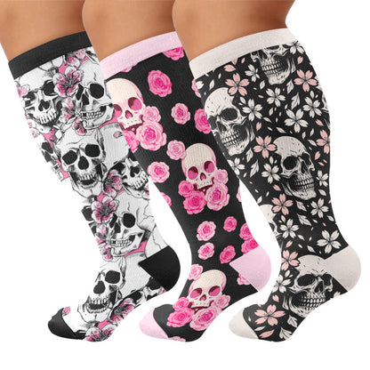 Plus Size Gothic Rose Skull Compression Socks - Multicolor(3 Pairs) - 4XL - image 1