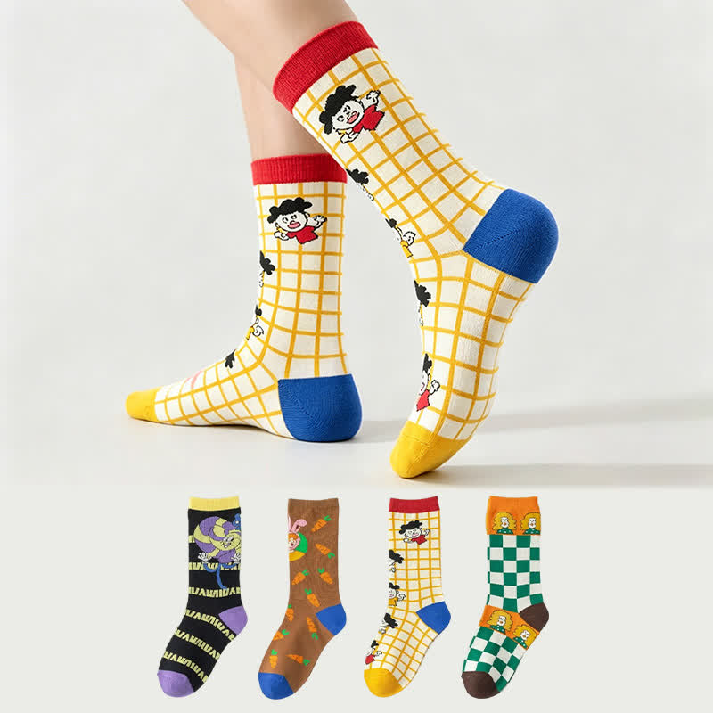 Funny Cartoon Grid quarter Socks (4 Pairs) - Multicolor - EU36-40(US3-7) - image 0