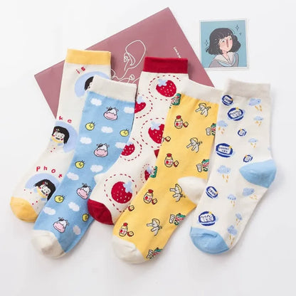 Sweet Cute Pattern Daily Quarter Socks (5 Pairs) - Multicolor - EU35-41(US2-7.5) - image 1