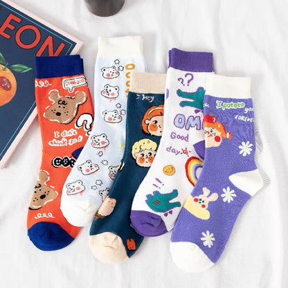 Cute Bear Print Quarter Socks(5 Pairs) - Multicolor - EU35-41(US2-7.5) - image 1