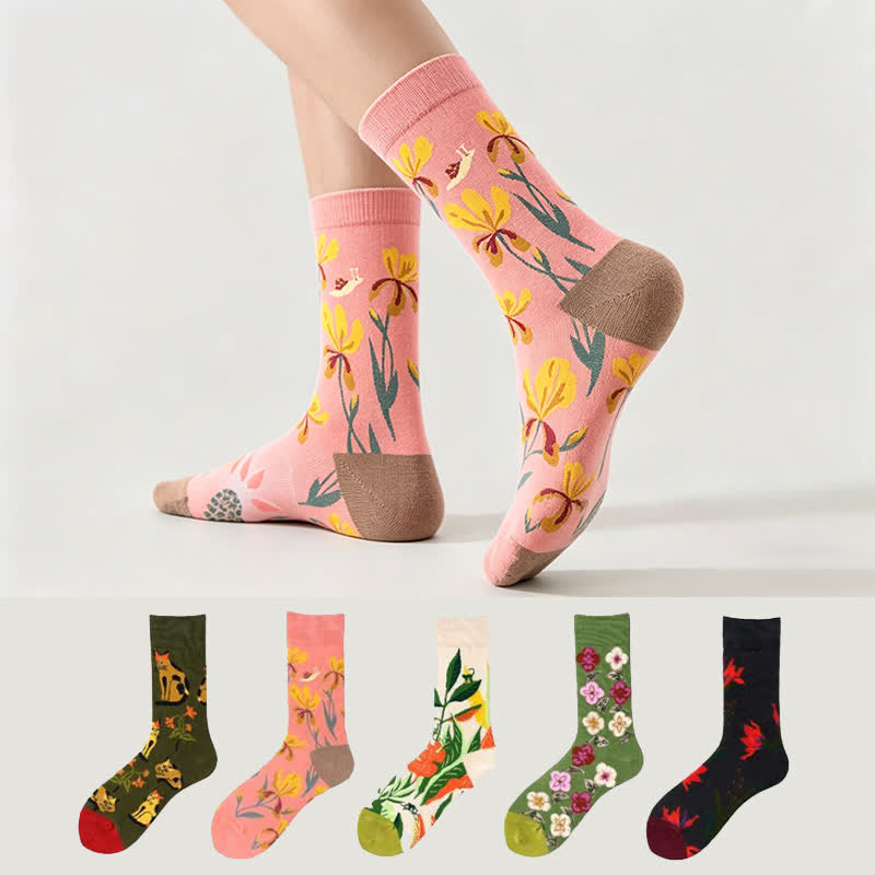 Floral Colorblock Quarter Socks(5 Pairs) - Multicolor - EU36-43(US3-9) - image 0