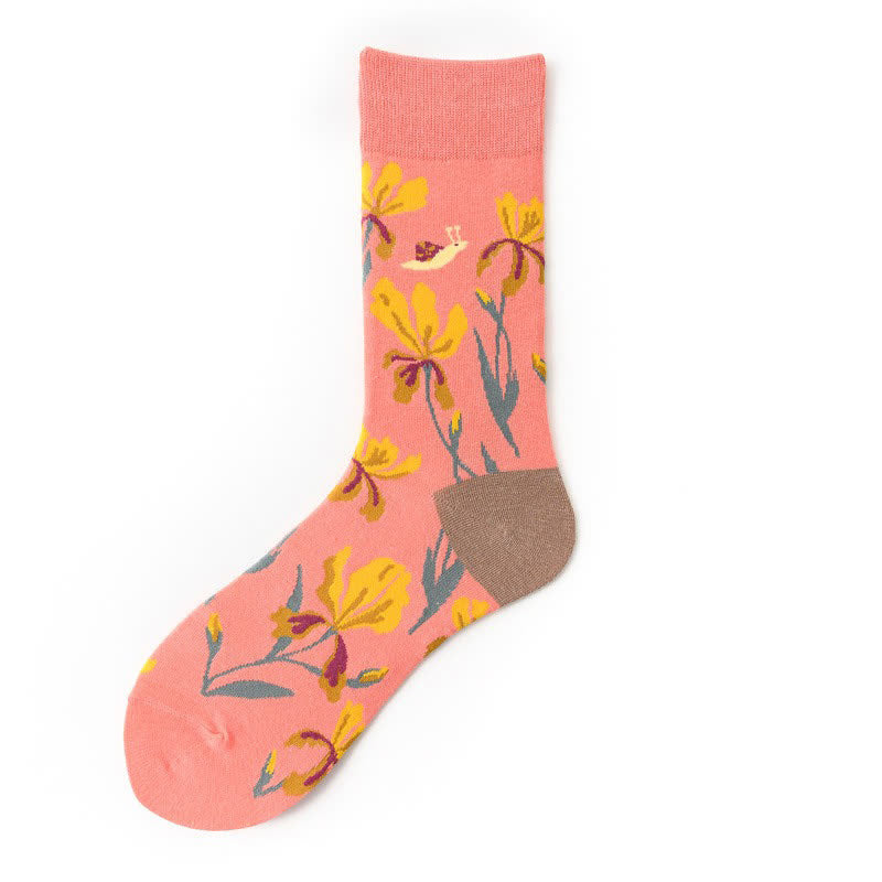 Floral Colorblock Quarter Socks(5 Pairs) - Pink - EU36-43(US3-9) - image 1