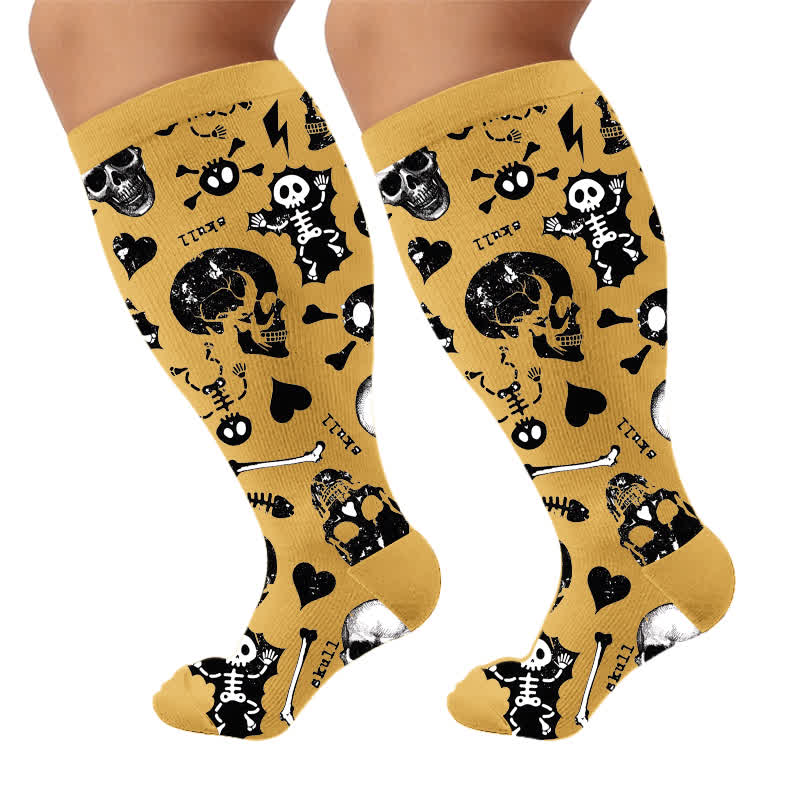 Plus Size Colorblock Skull Compression Socks - Yellow(1 Pair) - 4XL - image 5