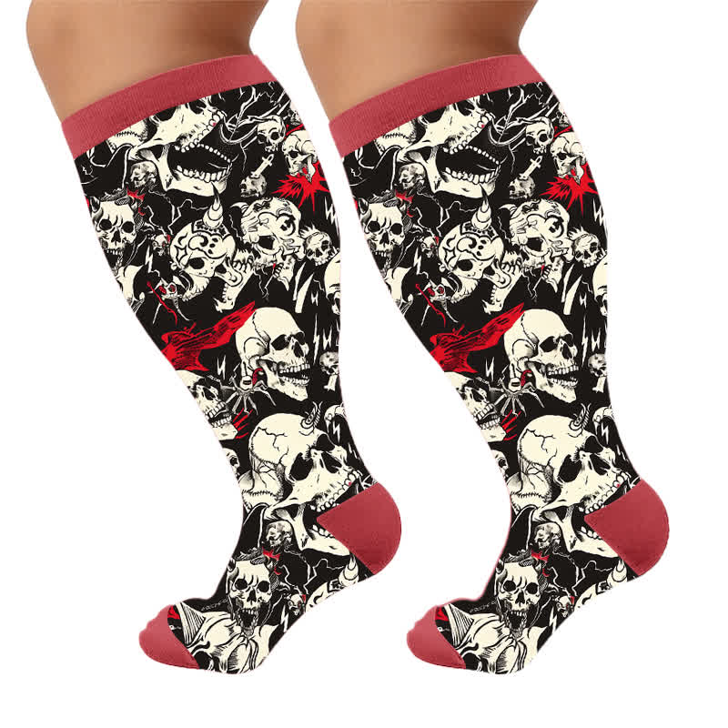 Plus Size Colorblock Skull Compression Socks - Red(1 Pair) - 4XL - image 7