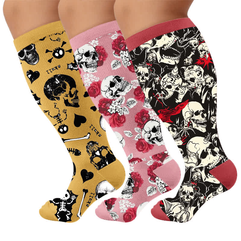 Plus Size Colorblock Skull Compression Socks - Multicolor(3 Pairs) - 4XL - image 1