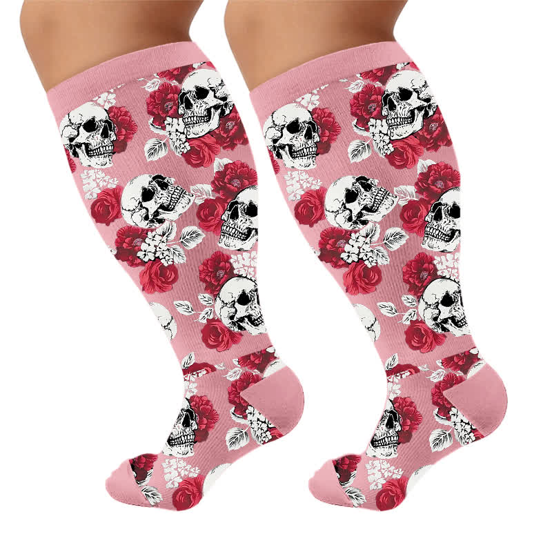 Plus Size Colorblock Skull Compression Socks - Pink(1 Pair) - 4XL - image 6