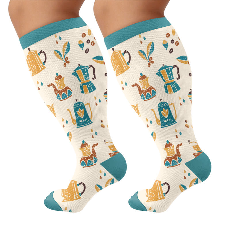 Plus Size Coffee Print Compression Socks - Green(1 Pair) - 4XL - image 6