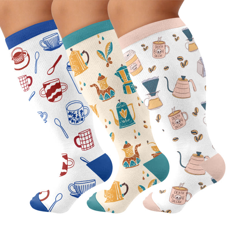 Plus Size Coffee Print Compression Socks - Multicolor(3 Pairs) - 4XL - image 1