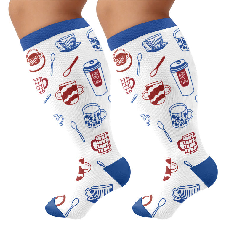 Plus Size Coffee Print Compression Socks - Blue(1 Pair) - 4XL - image 7