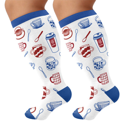 Plus Size Coffee Print Compression Socks - Blue(1 Pair) - 4XL - image 7
