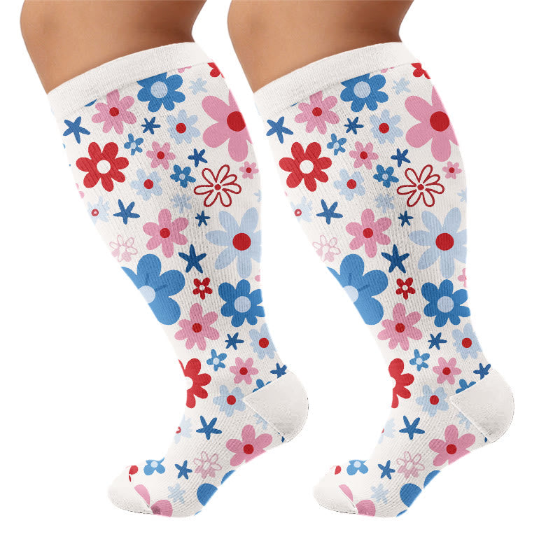 Plus Size Pink Floral Compression Socks - Beige(1 Pair) - 4XL - image 7
