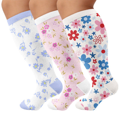 Plus Size Pink Floral Compression Socks - Multicolor(3 Pairs) - 4XL - image 1