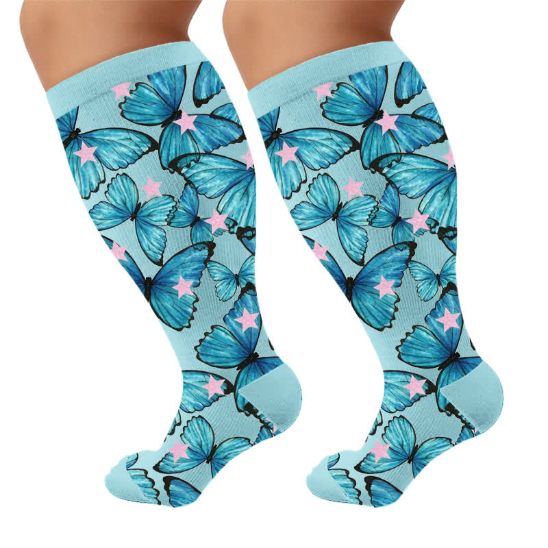 Plus Size Colorful Butterfly Compression Socks - Blue(1 Pair) - 4XL - image 5