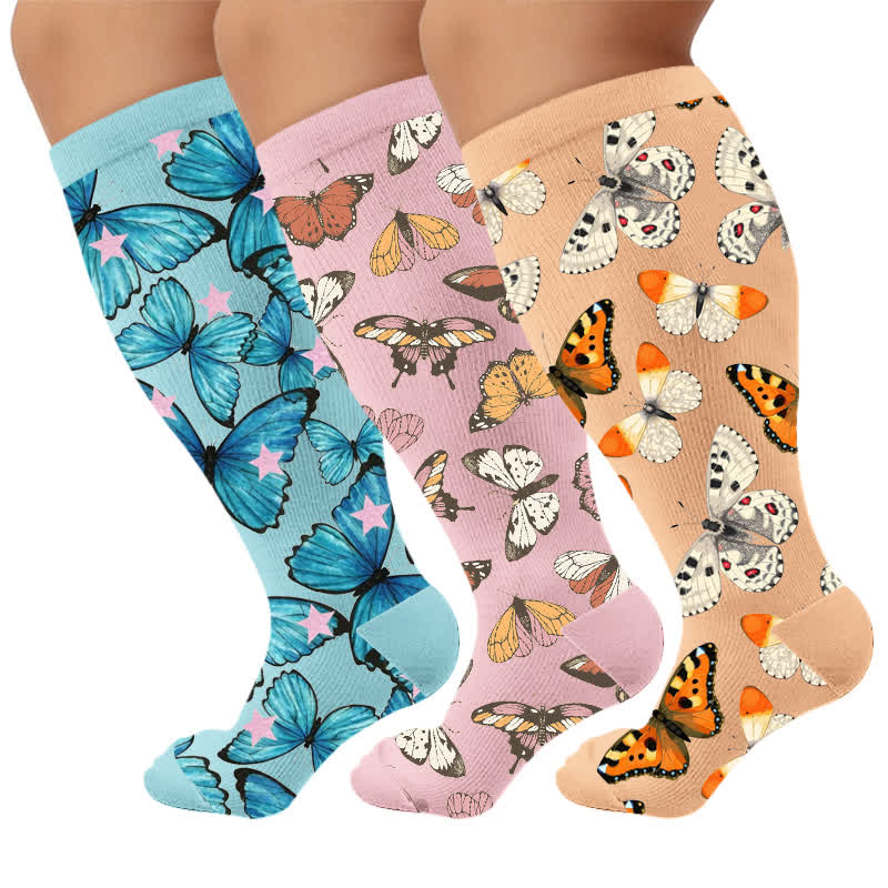 Plus Size Colorful Butterfly Compression Socks - Multicolor(3 Pairs) - 4XL - image 1