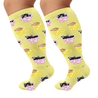 Plus Size Cat Food Print Compression Socks - Yellow(1 Pair) - 4XL - image 7