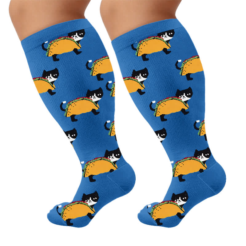 Plus Size Cat Food Print Compression Socks - Blue(1 Pair) - 4XL - image 5