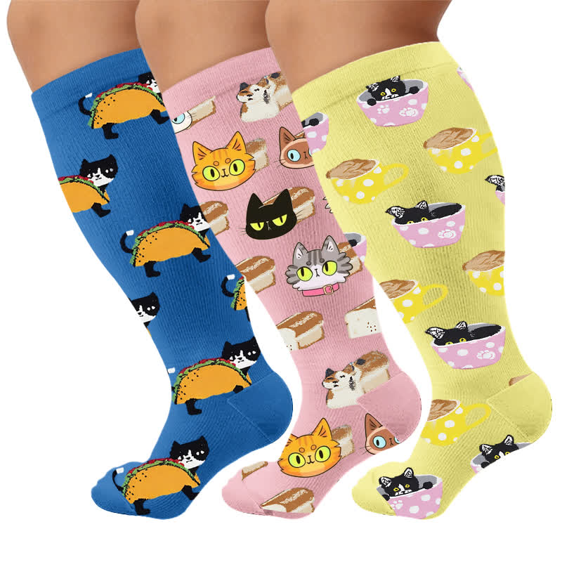 Plus Size Cat Food Print Compression Socks - Multicolor(3 Pairs) - 4XL - image 1