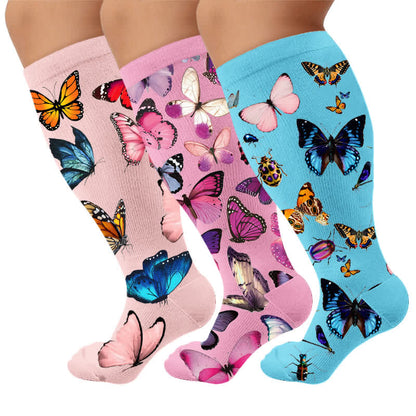 Plus Size Sweet Butterfly Compression Socks - Multicolor(3 Pairs) - 4XL - image 1