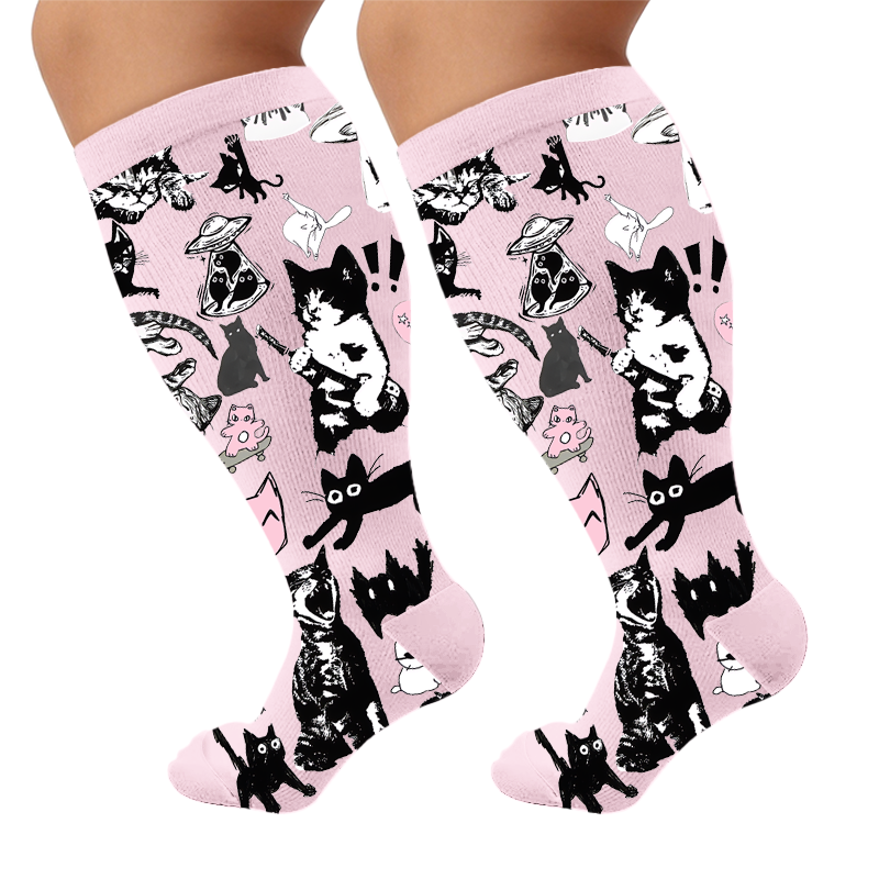 Plus Size Scrawled Cat Compression Socks - Pink(1 Pair) - 4XL - image 6