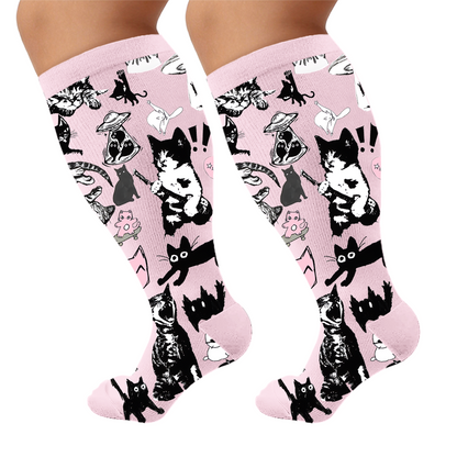 Plus Size Scrawled Cat Compression Socks - Pink(1 Pair) - 4XL - image 6