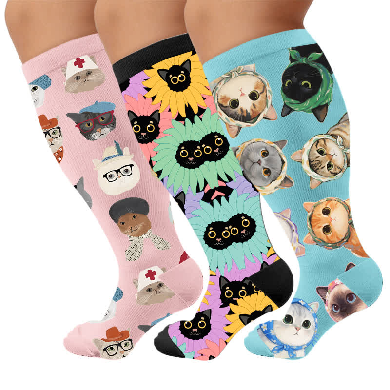 Plus Size Cute Cat Avatars Compression Socks - Multicolor(3 Pairs) - 4XL - image 1