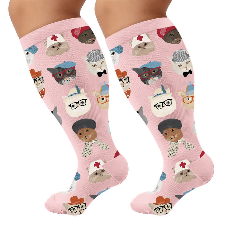 Plus Size Cute Cat Avatars Compression Socks - Pink(1 Pair) - 4XL - image 5