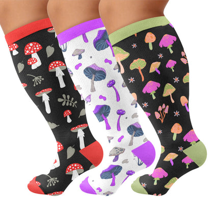 Plus Size Mushroom Print Compression Socks - Multicolor(3 Pairs) - 4XL - image 1