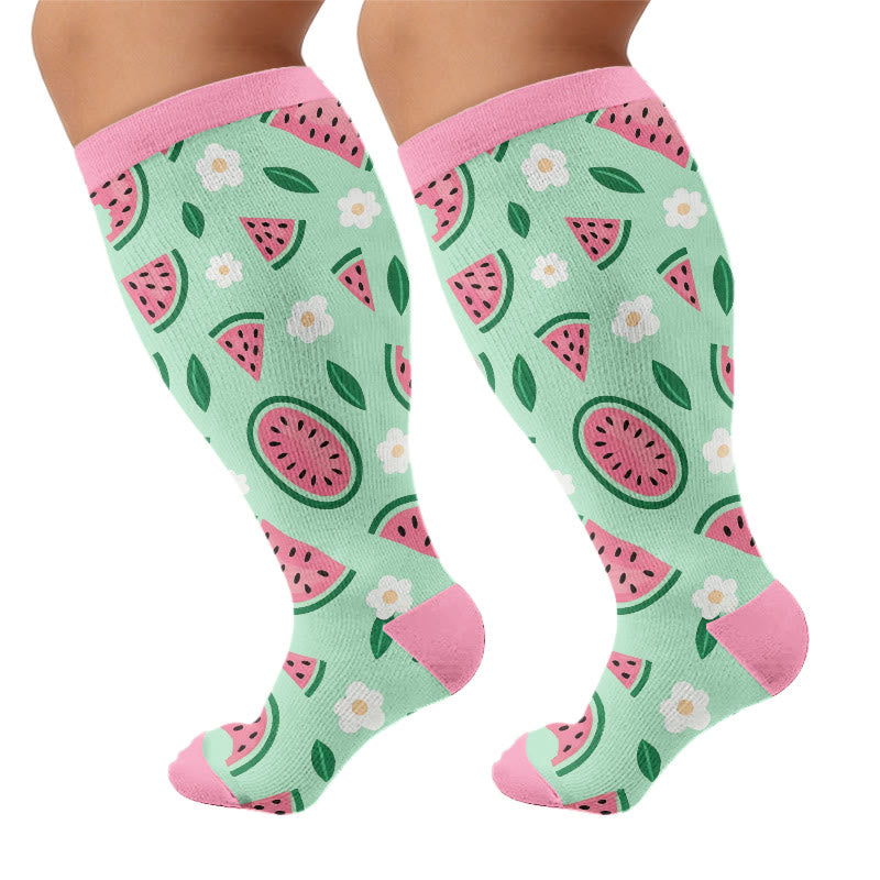 Plus Size Watermelon Strawberry Compression Socks - Green(1 Pair) - 4XL - image 6