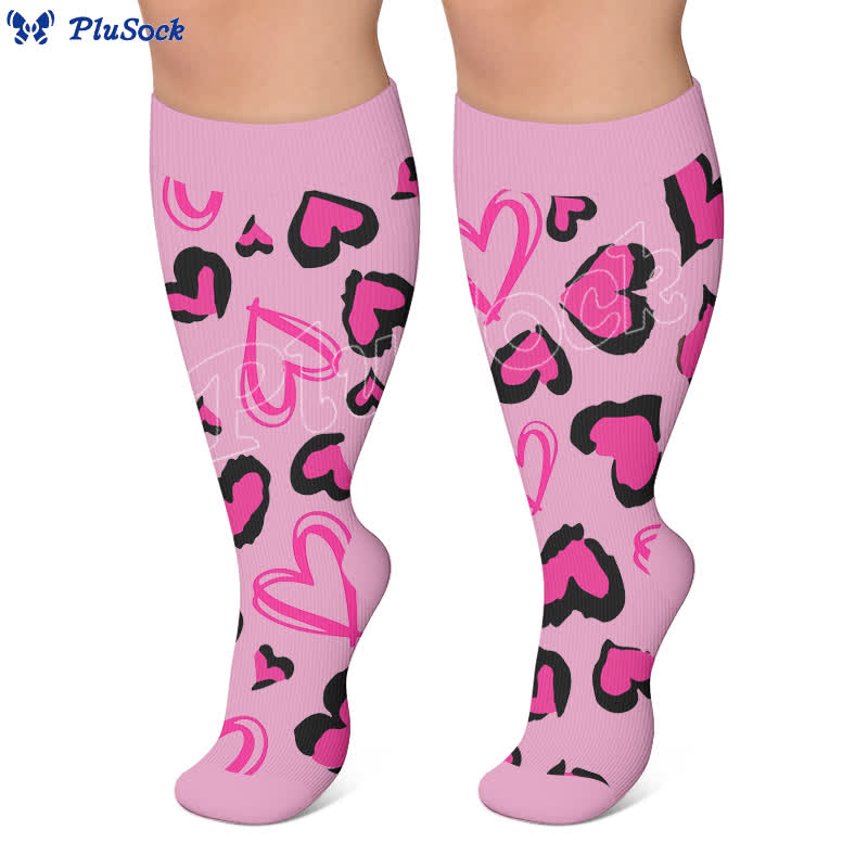 Plus Size Pink Heart Leopard Compression Socks - image 4
