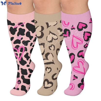 Plus Size Pink Heart Leopard Compression Socks - image 0