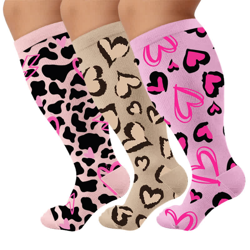Plus Size Pink Heart Leopard Compression Socks - Multicolor(3 Pairs) - 4XL - image 1