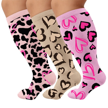 Plus Size Pink Heart Leopard Compression Socks - Multicolor(3 Pairs) - 4XL - image 1
