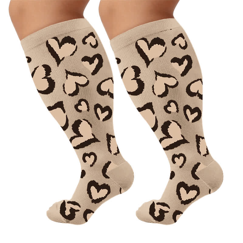 Plus Size Pink Heart Leopard Compression Socks - Brown(1 Pair) - 4XL - image 6