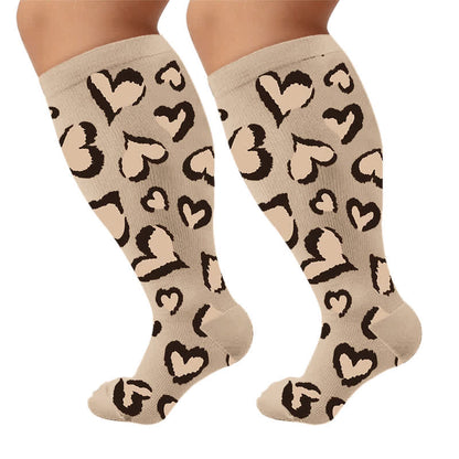 Plus Size Pink Heart Leopard Compression Socks - Brown(1 Pair) - 4XL - image 6