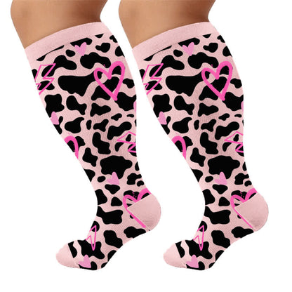 Plus Size Pink Heart Leopard Compression Socks - Pink(1 Pair) - 4XL - image 5