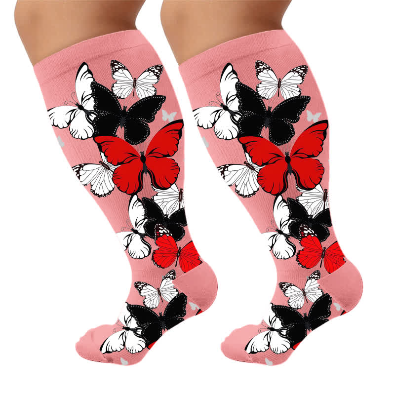 Plus Size Nostalgic Butterfly Compression Socks - Red(1 Pair) - 4XL - image 5