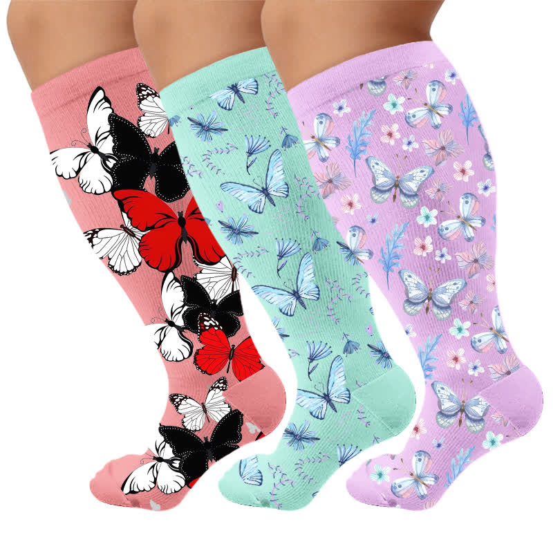 Plus Size Nostalgic Butterfly Compression Socks - Multicolor(3 Pairs) - 4XL - image 1