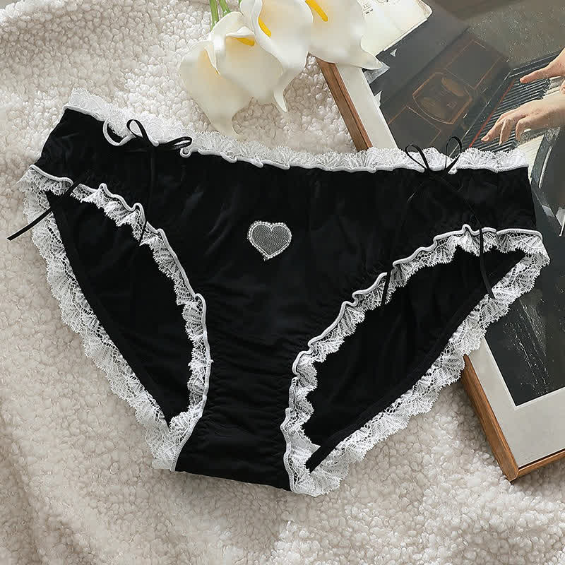 Heart Lace Bow Mid Rise Panty(2 Packs) - Black - 4XL - image 3