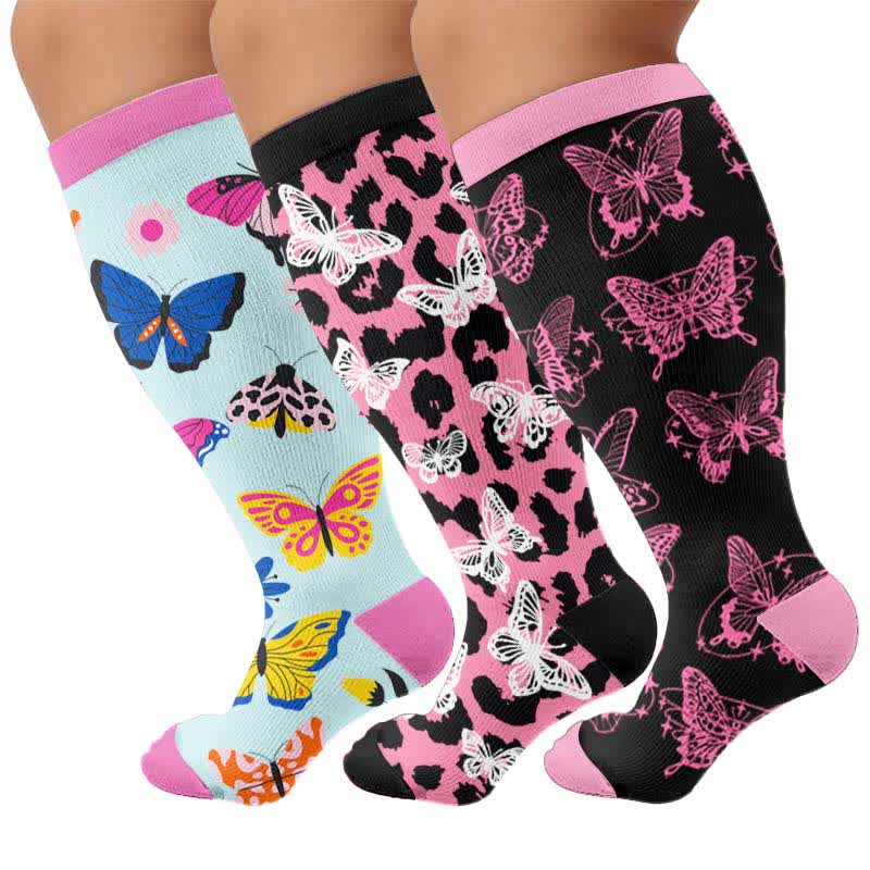 Plus Size Colorful Butterfly Print Compression Socks - Multicolor(3 Pairs) - 4XL - image 1
