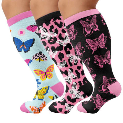 Plus Size Colorful Butterfly Print Compression Socks - Multicolor(3 Pairs) - 4XL - image 1